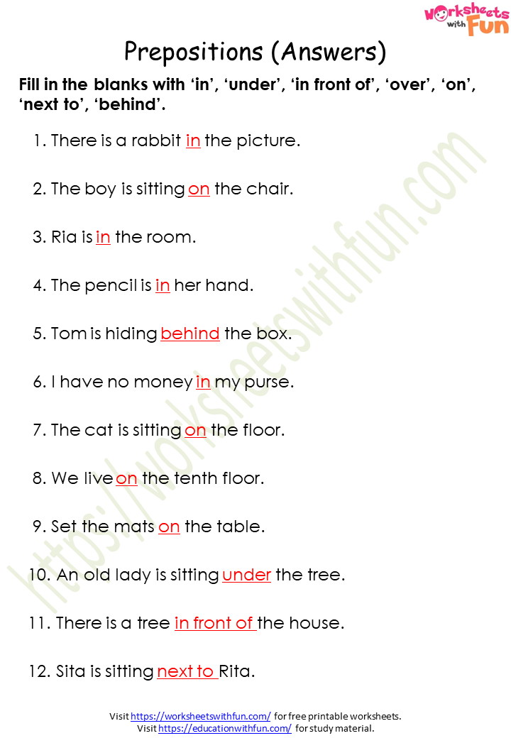 Writing With Prepositions Worksheets K5 Learning Identifying Prepositions Worksheets K5 